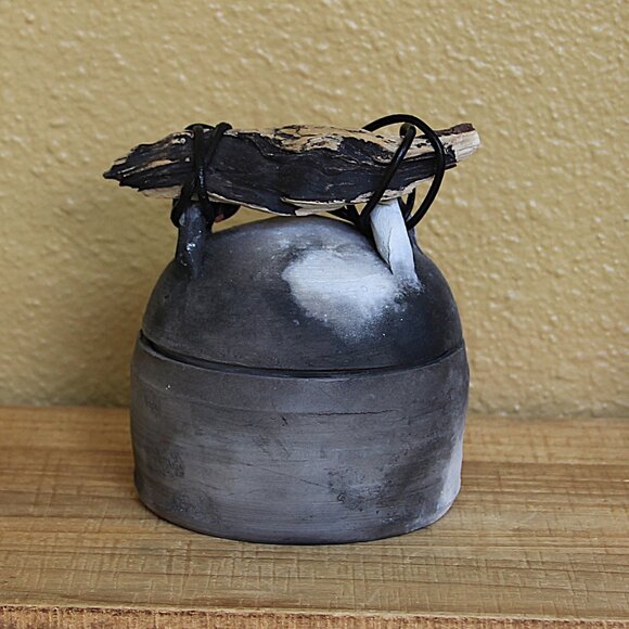Pit Fired Small Lidded Pottery Piece w/ Driftwood and Cord Handle - Picture 1 of 14